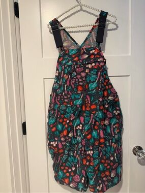 Duluth Trading Co Black short overall with Teal Purple and Red Vegetable Print